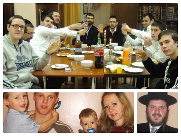 Вверху: фарбренген в Пинске. Внизу справа: Александр Финский. Внизу слева: Вашкевич Любовь-Яэль с мужем и детьми.